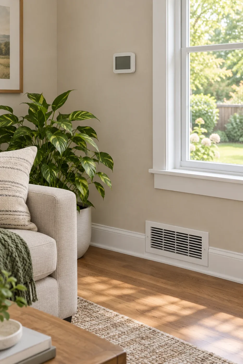 Photo of a living room corner with a wall thermostat and a floor supply vent
