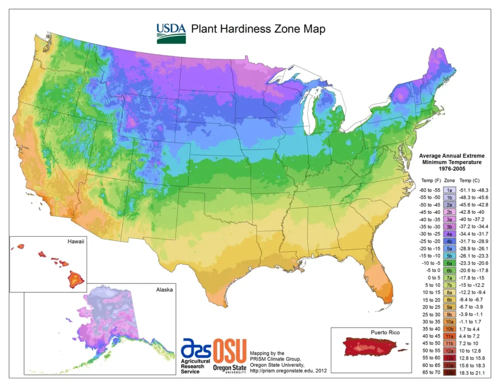 Map of the 2012 USDA plant hardiness zones across the United States, based on 1976 to 2005 winters