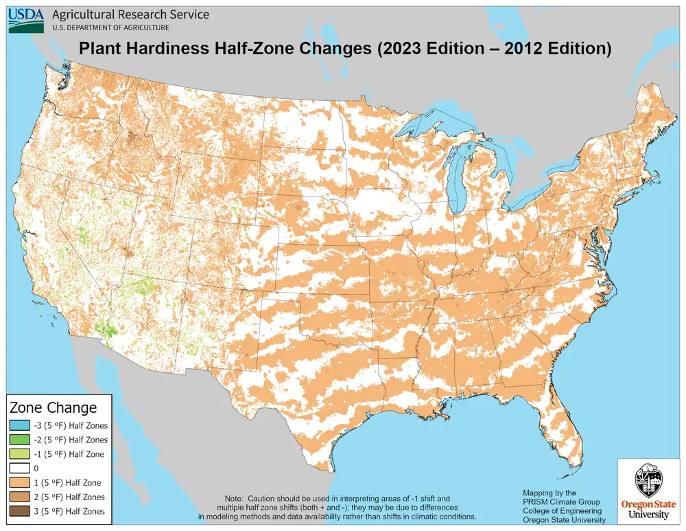 Map of USDA plant hardiness half-zone changes from the 2012 to the 2023 edition across the lower 48 states