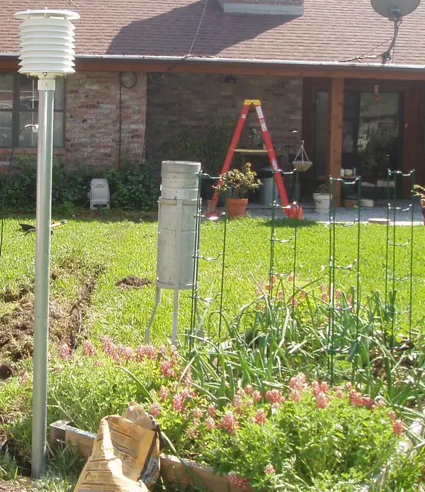 Photo of a weather service temperature sensor on a pole and a rain gauge beside a backyard garden