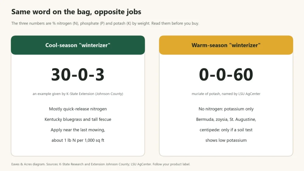Diagram comparing a 30-0-3 cool-season winterizer label with a 0-0-60 potash product for warm-season grass